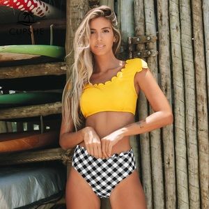 Yellow Scalloped Capped Sleeve & Gingham Bikini